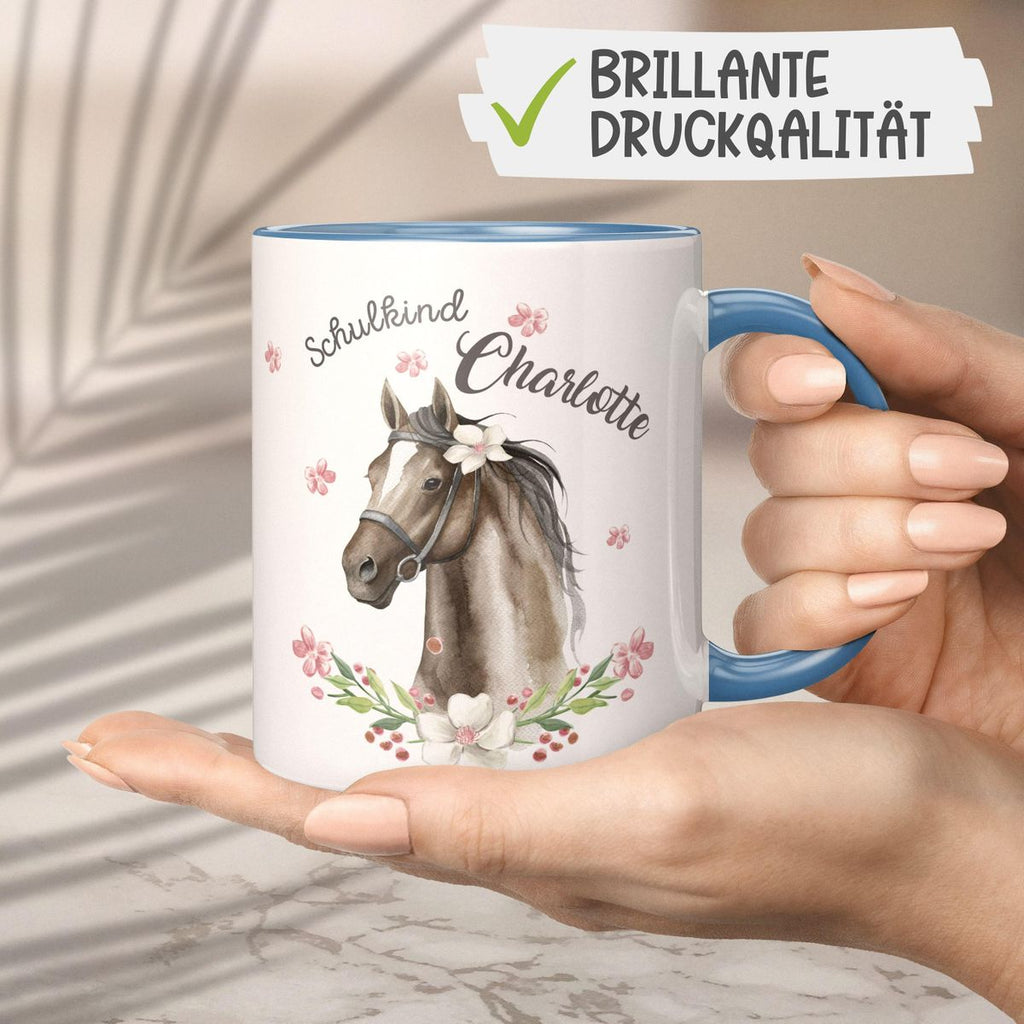 Keramik Tasse Schulkind schwarzes Pferd mit Blumenranke und Wunschname - von Mikalino