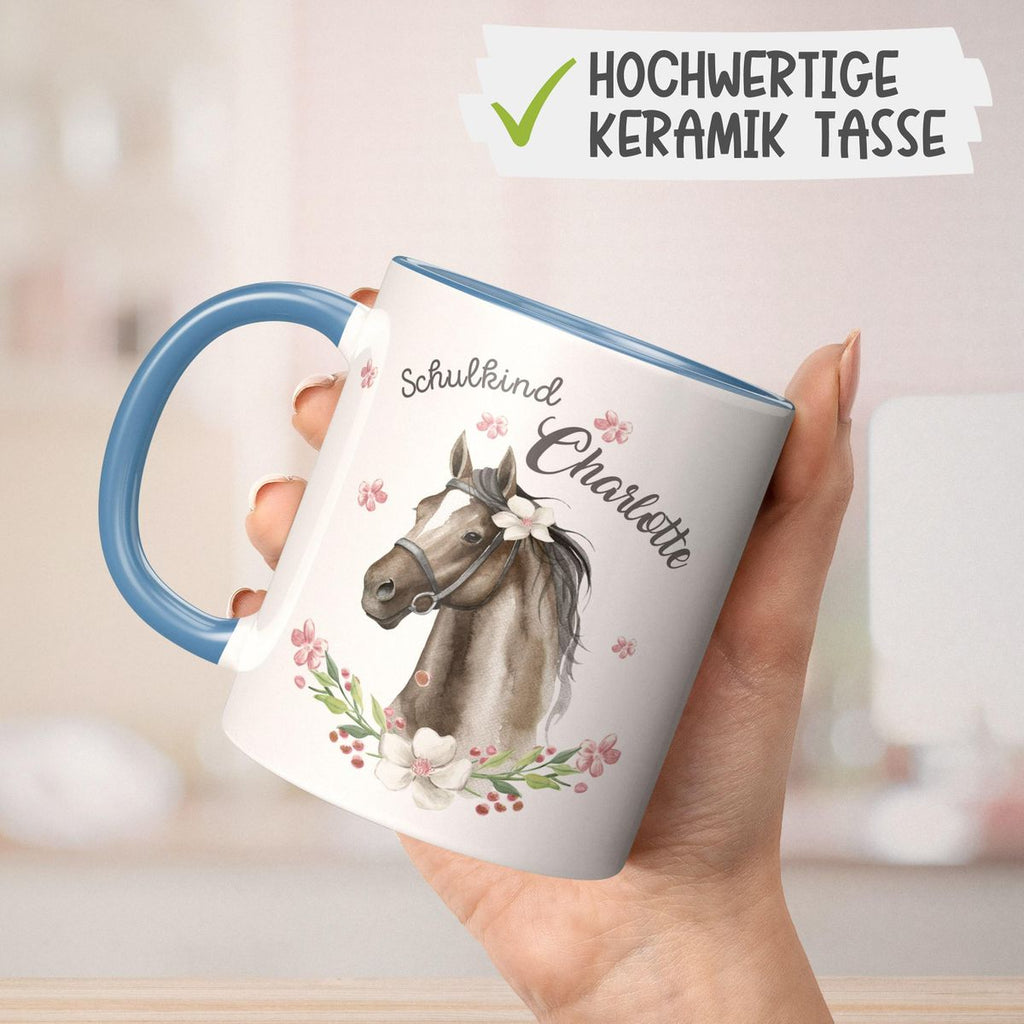 Keramik Tasse Schulkind schwarzes Pferd mit Blumenranke und Wunschname - von Mikalino