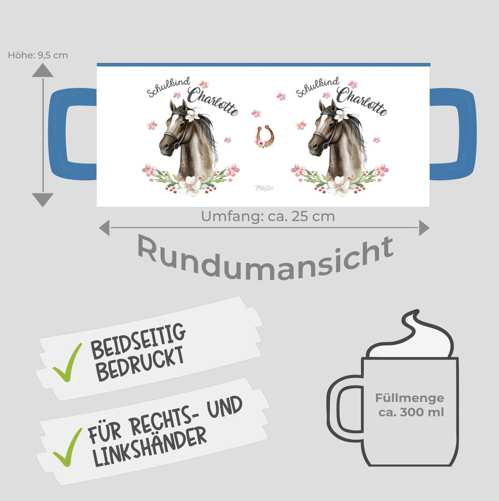 Keramik Tasse Schulkind schwarzes Pferd mit Blumenranke und Wunschname - von Mikalino