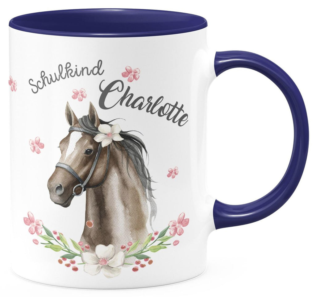 Keramik Tasse Schulkind schwarzes Pferd mit Blumenranke und Wunschname - von Mikalino