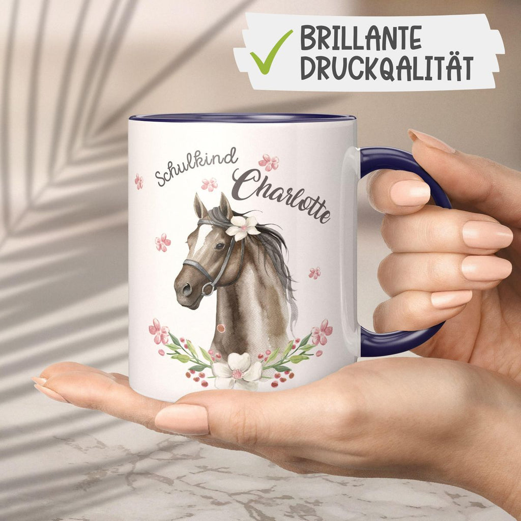 Keramik Tasse Schulkind schwarzes Pferd mit Blumenranke und Wunschname - von Mikalino