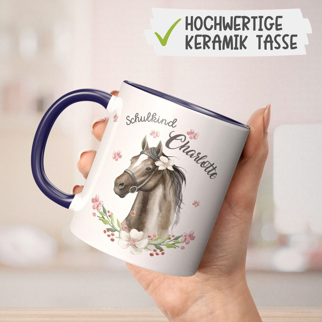 Keramik Tasse Schulkind schwarzes Pferd mit Blumenranke und Wunschname - von Mikalino