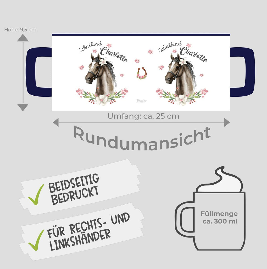 Keramik Tasse Schulkind schwarzes Pferd mit Blumenranke und Wunschname - von Mikalino