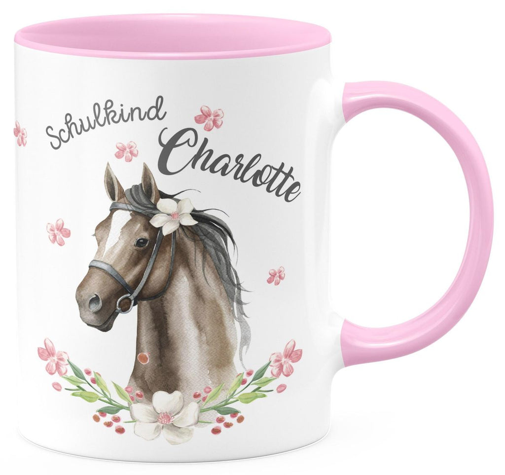 Keramik Tasse Schulkind schwarzes Pferd mit Blumenranke und Wunschname - von Mikalino