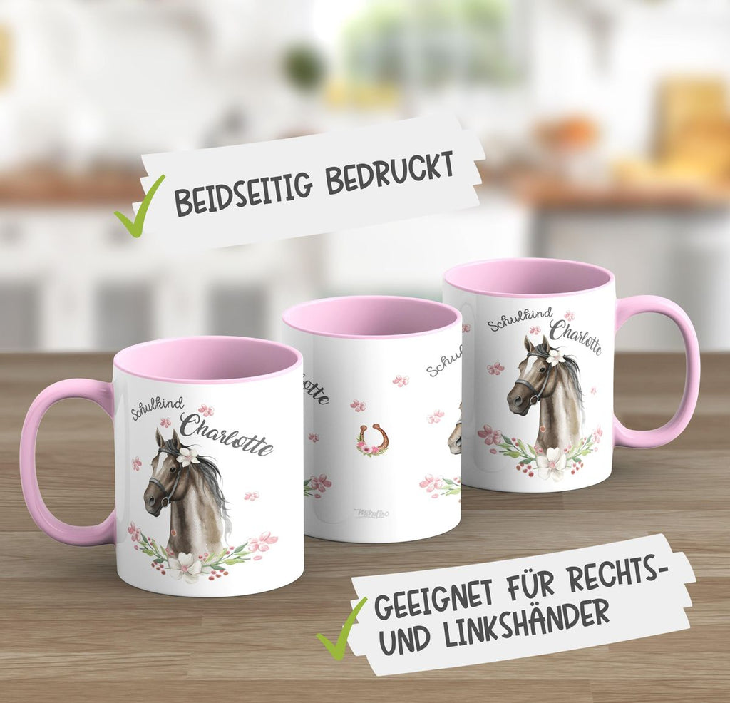 Keramik Tasse Schulkind schwarzes Pferd mit Blumenranke und Wunschname - von Mikalino