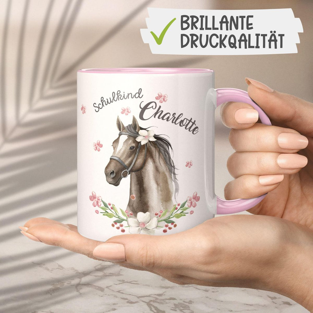 Keramik Tasse Schulkind schwarzes Pferd mit Blumenranke und Wunschname - von Mikalino