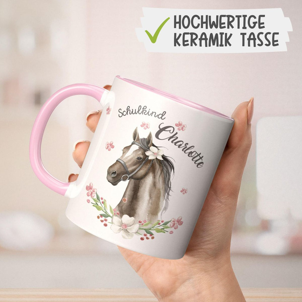 Keramik Tasse Schulkind schwarzes Pferd mit Blumenranke und Wunschname - von Mikalino