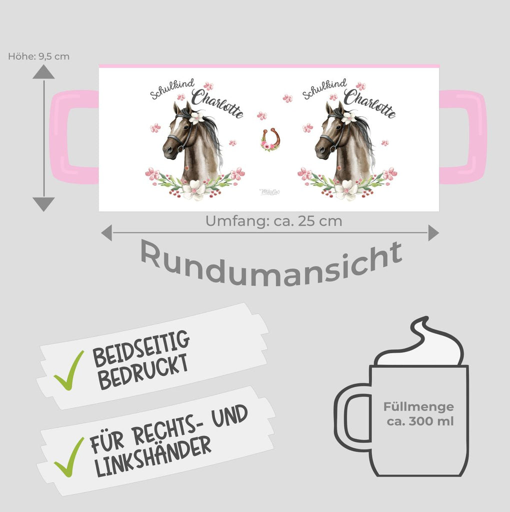 Keramik Tasse Schulkind schwarzes Pferd mit Blumenranke und Wunschname - von Mikalino