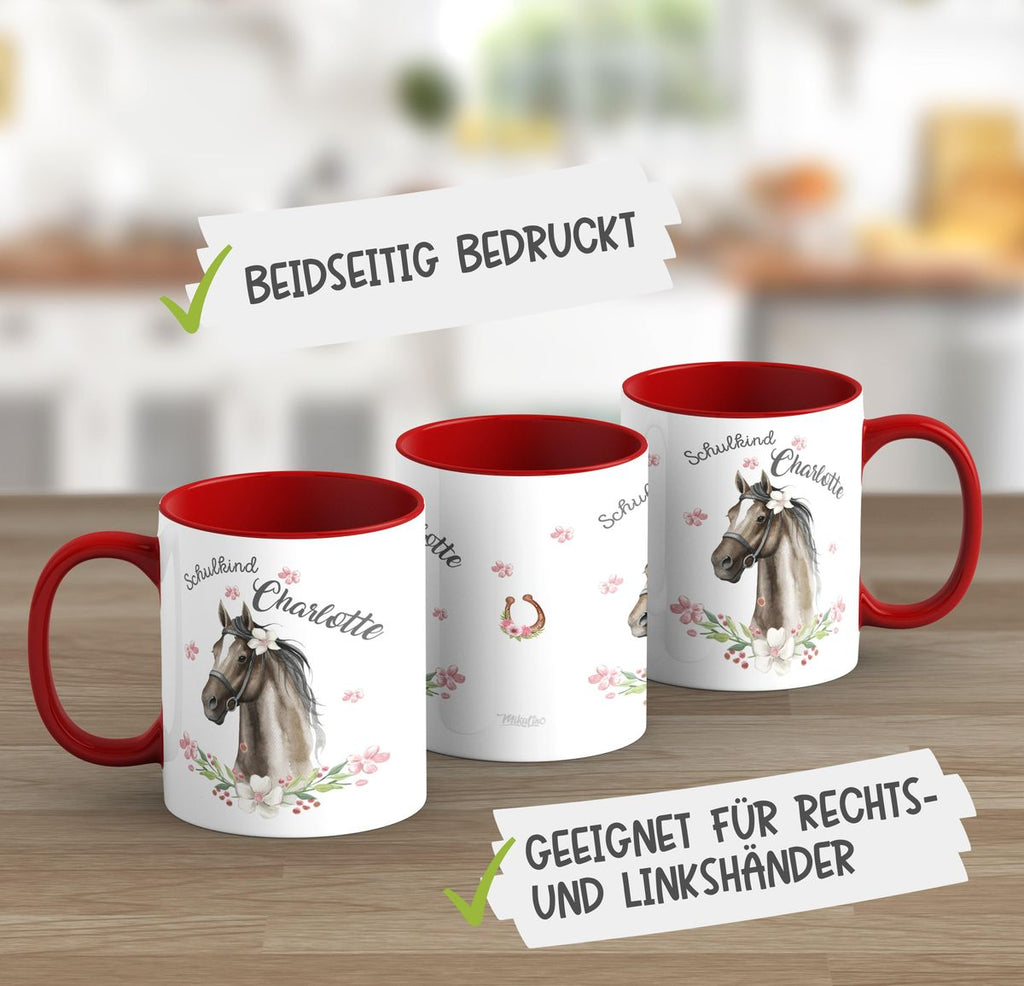 Keramik Tasse Schulkind schwarzes Pferd mit Blumenranke und Wunschname - von Mikalino