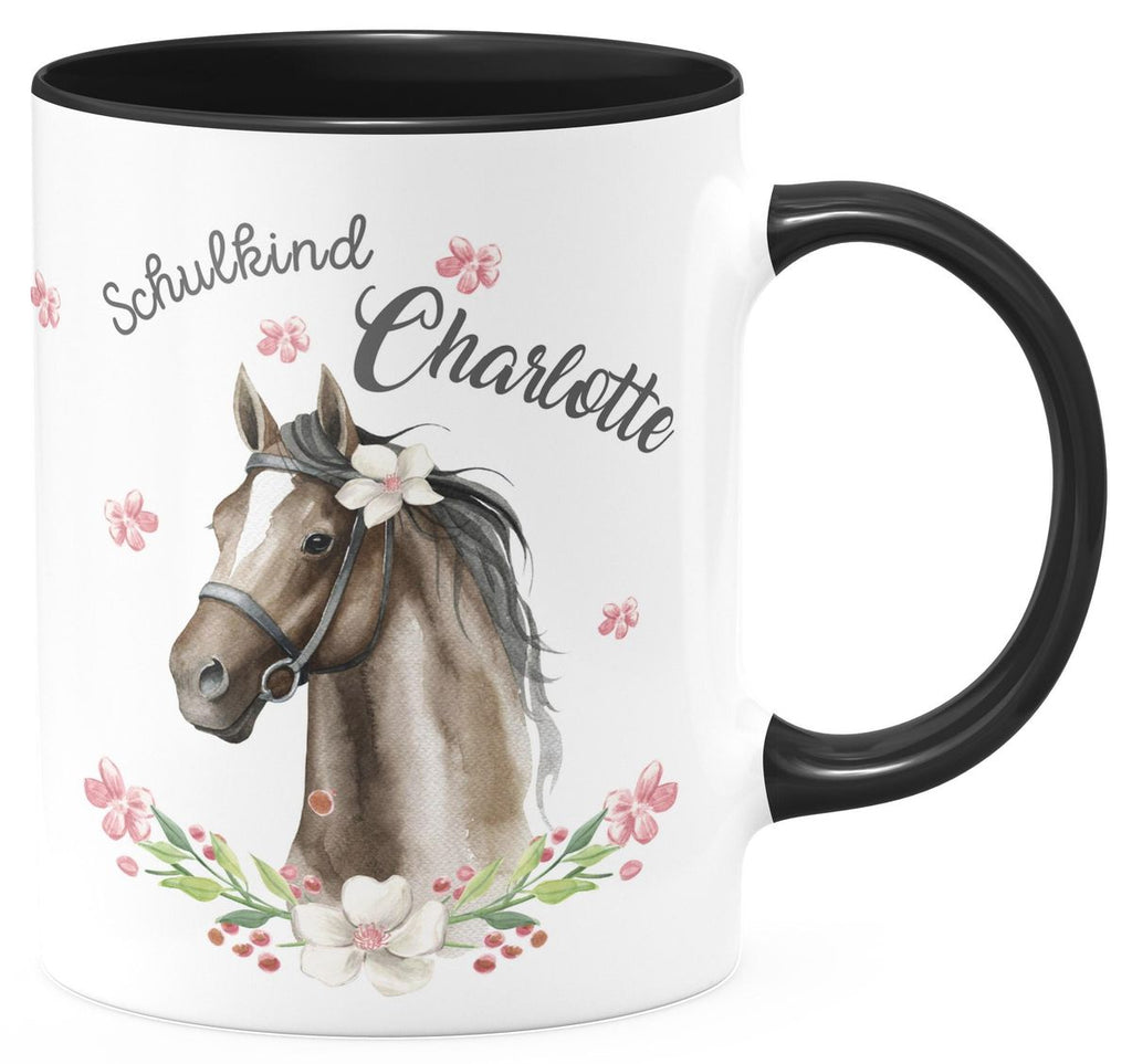 Keramik Tasse Schulkind schwarzes Pferd mit Blumenranke und Wunschname - von Mikalino