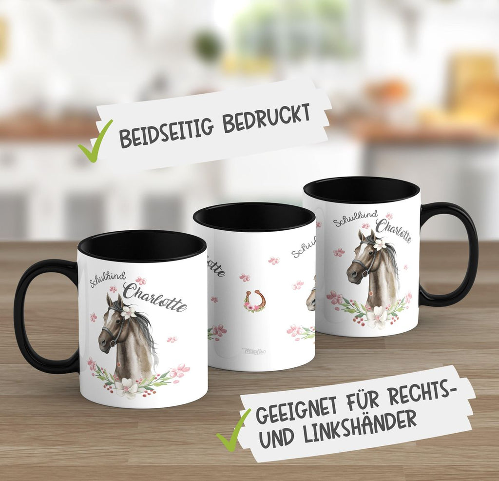 Keramik Tasse Schulkind schwarzes Pferd mit Blumenranke und Wunschname - von Mikalino