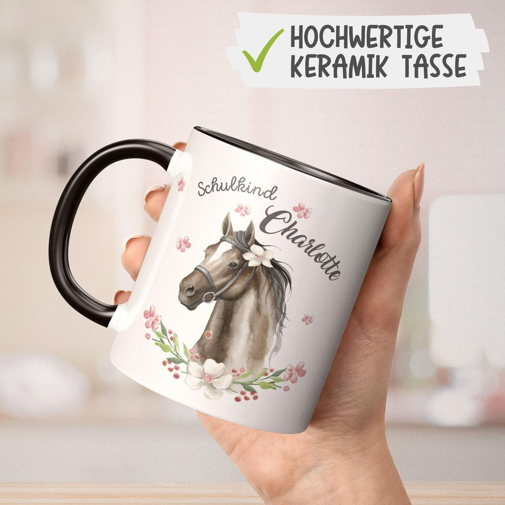 Keramik Tasse Schulkind schwarzes Pferd mit Blumenranke und Wunschname - von Mikalino