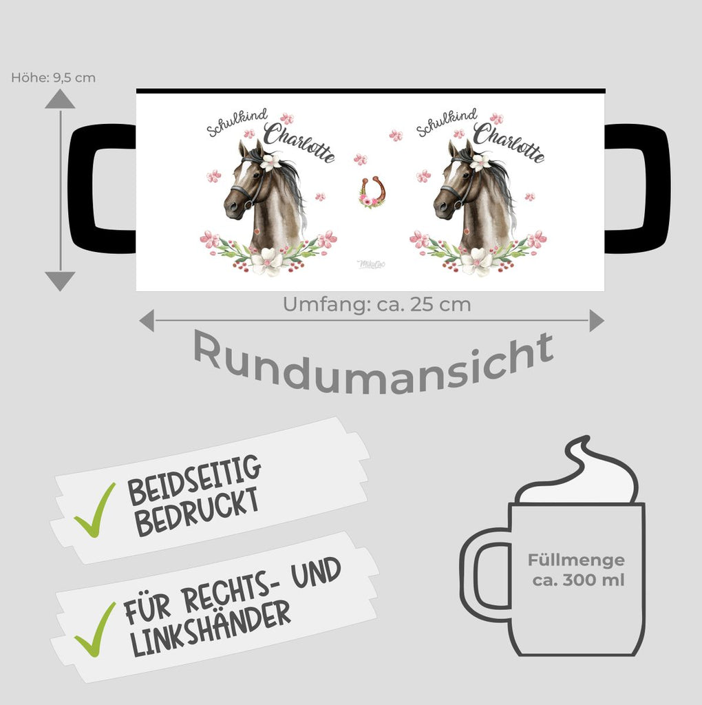 Keramik Tasse Schulkind schwarzes Pferd mit Blumenranke und Wunschname - von Mikalino