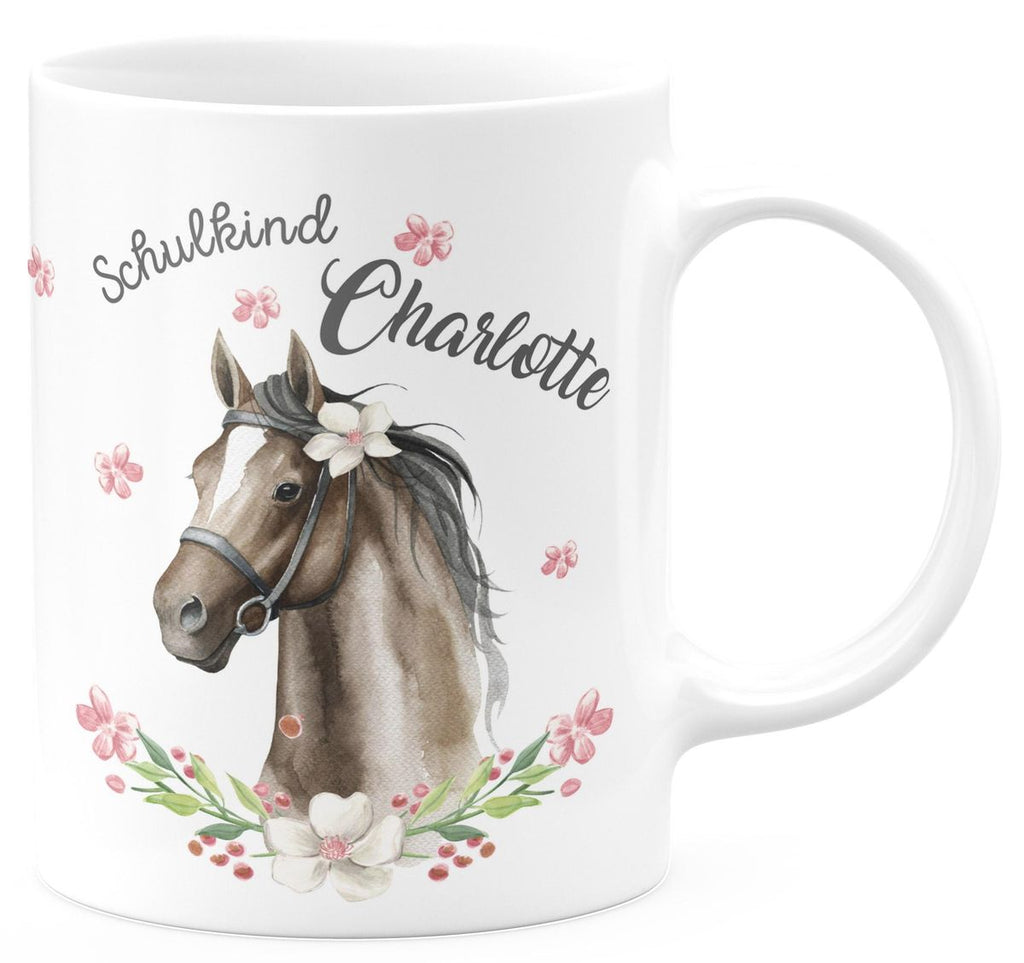 Keramik Tasse Schulkind schwarzes Pferd mit Blumenranke und Wunschname - von Mikalino