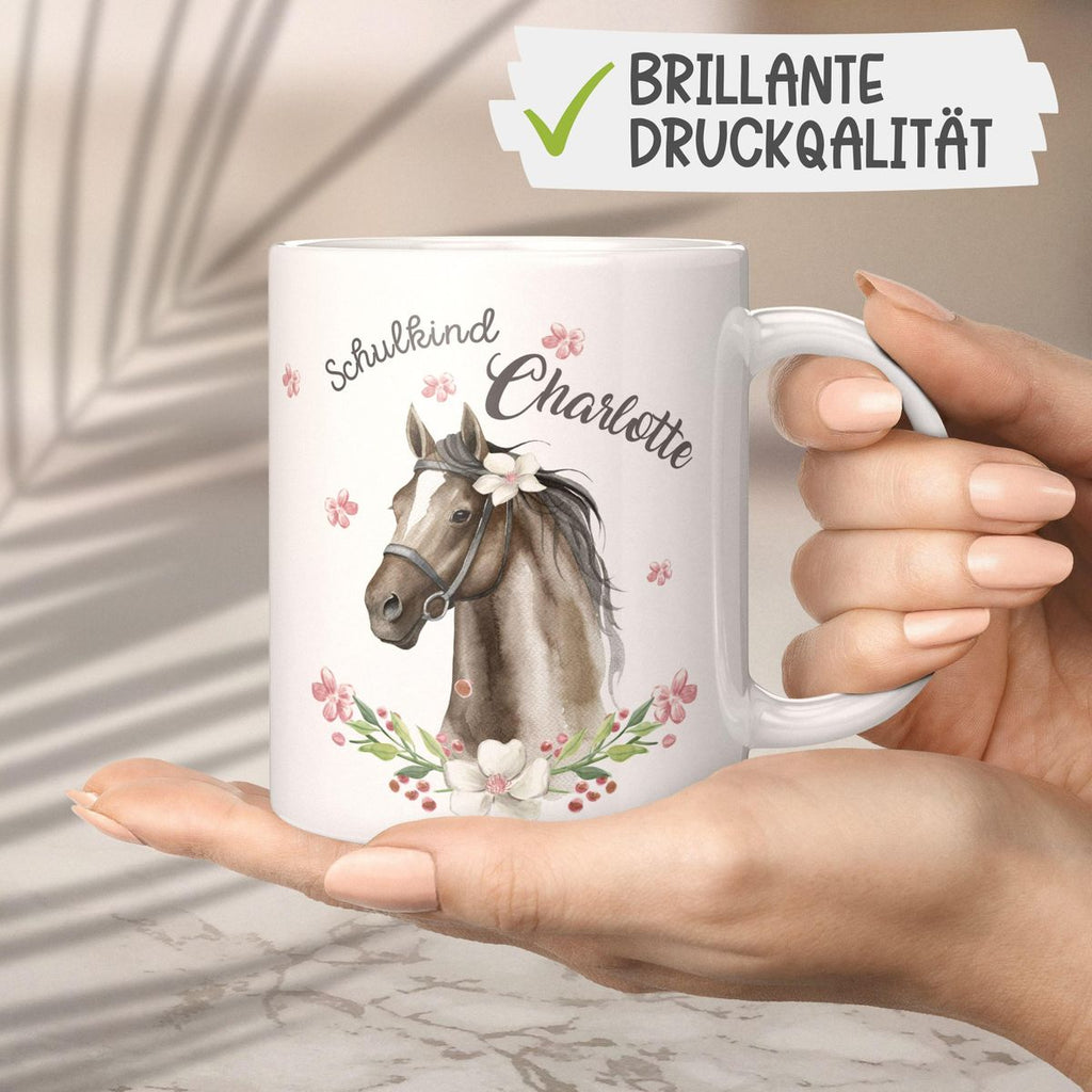 Keramik Tasse Schulkind schwarzes Pferd mit Blumenranke und Wunschname - von Mikalino