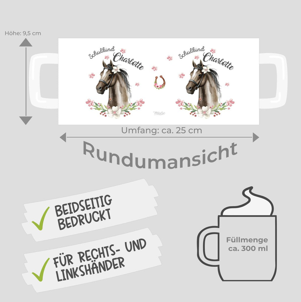 Keramik Tasse Schulkind schwarzes Pferd mit Blumenranke und Wunschname - von Mikalino