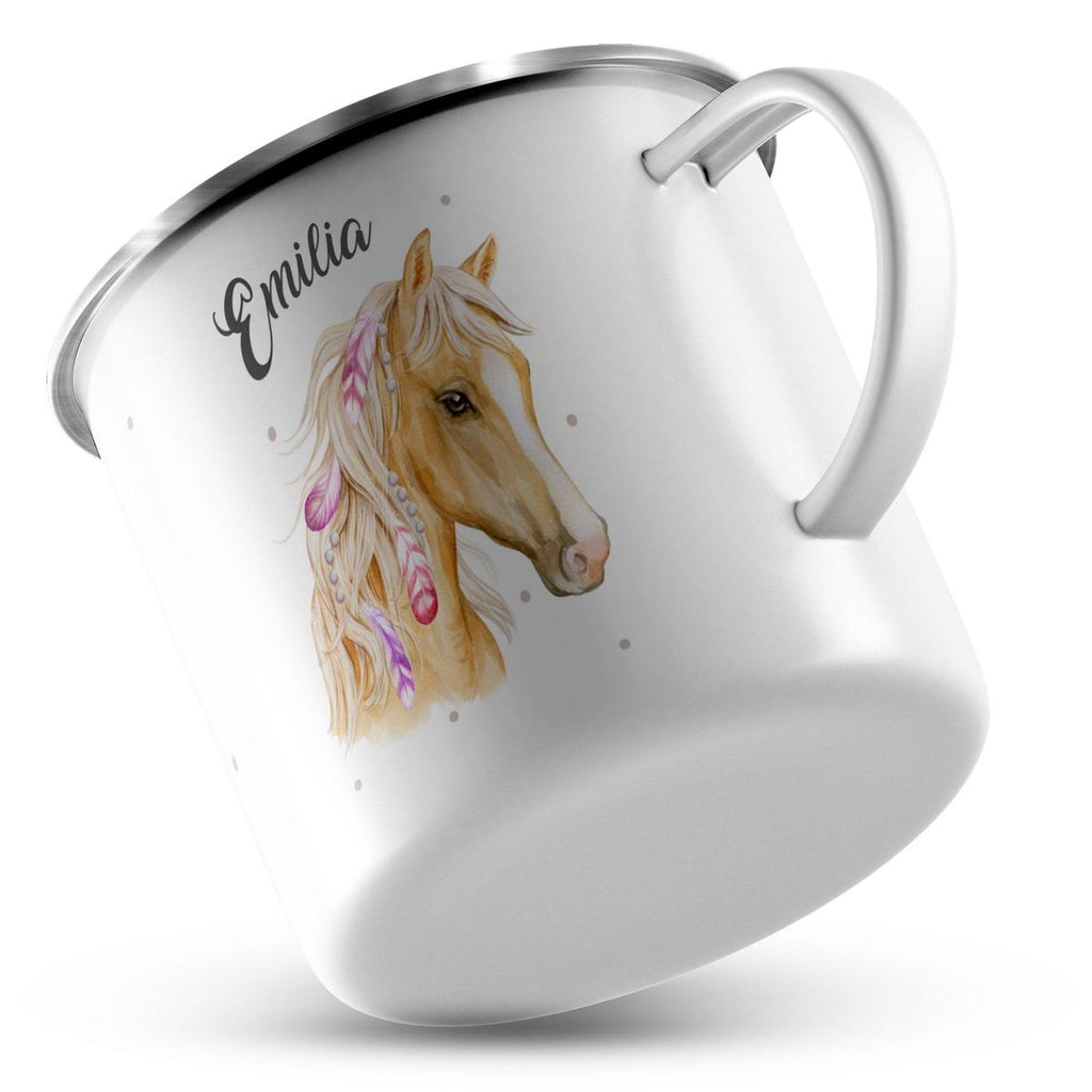 Emaille Tasse Pferd mit Federn in der Mähne und Wunschname - von Mikalino