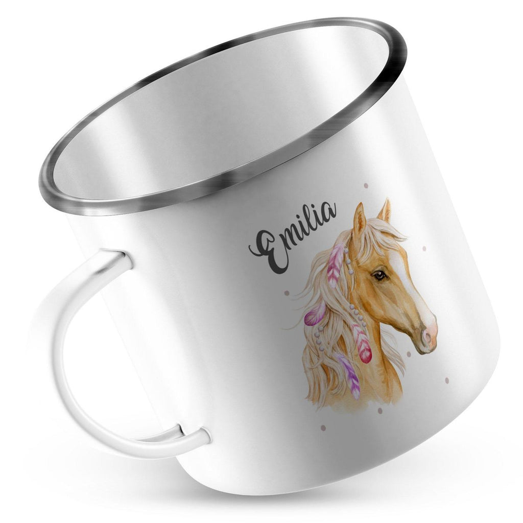 Emaille Tasse Pferd mit Federn in der Mähne und Wunschname - von Mikalino