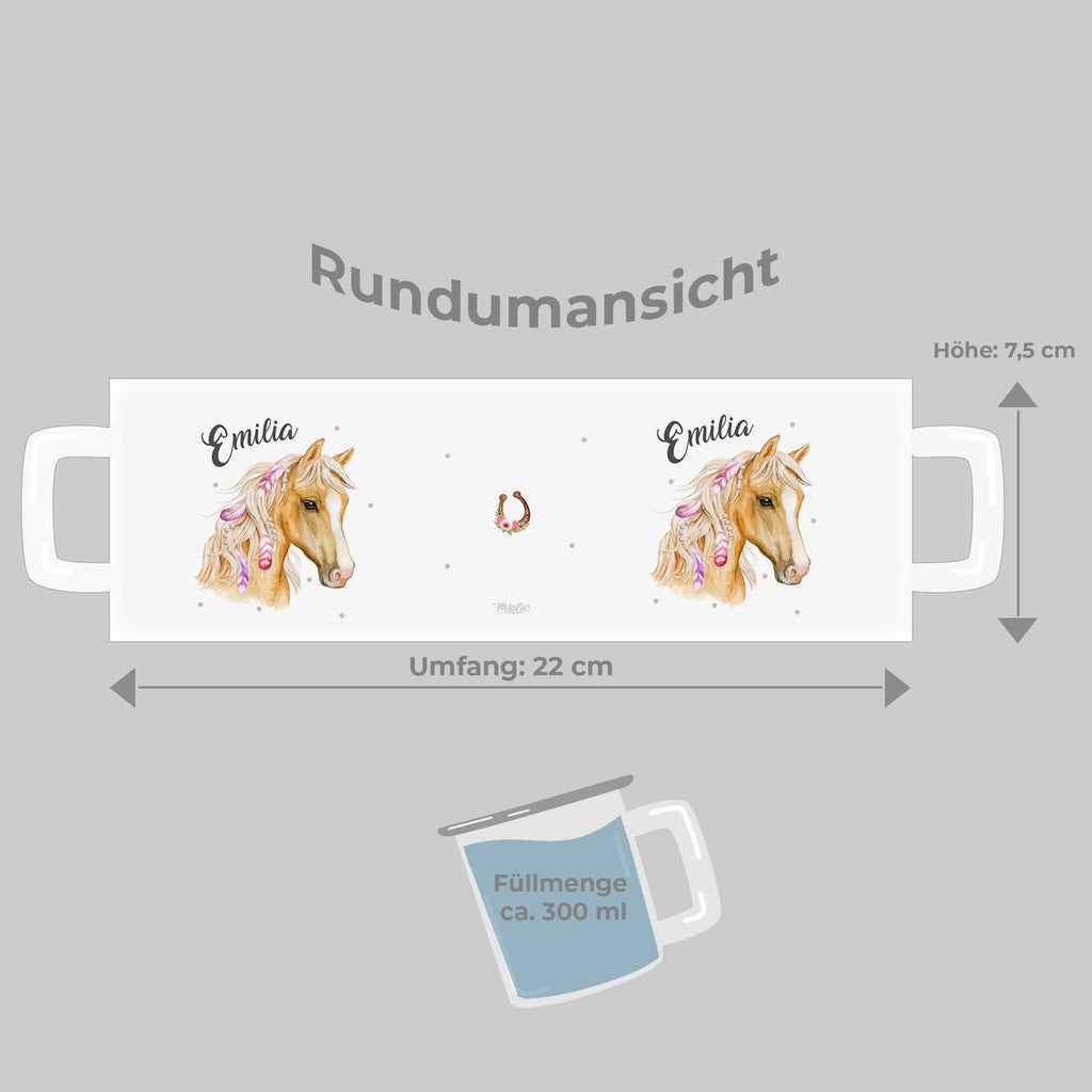 Emaille Tasse Pferd mit Federn in der Mähne und Wunschname - von Mikalino