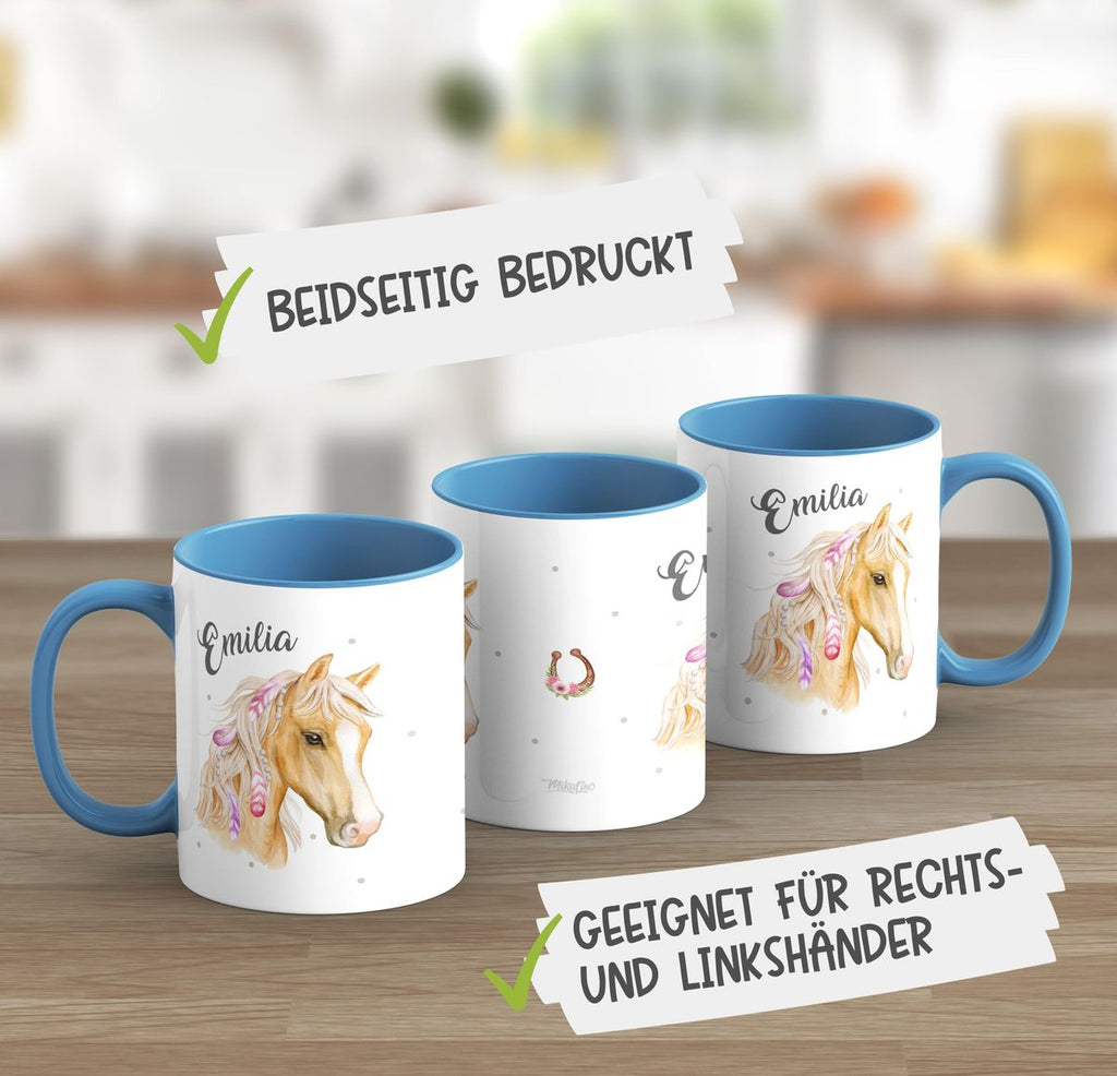 Keramik Tasse Pferd mit Federn in der Mähne und Wunschname - von Mikalino