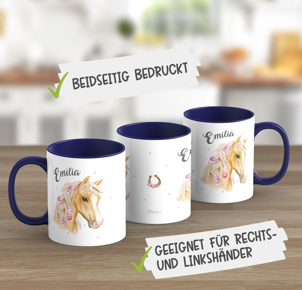 Keramik Tasse Pferd mit Federn in der Mähne und Wunschname - von Mikalino