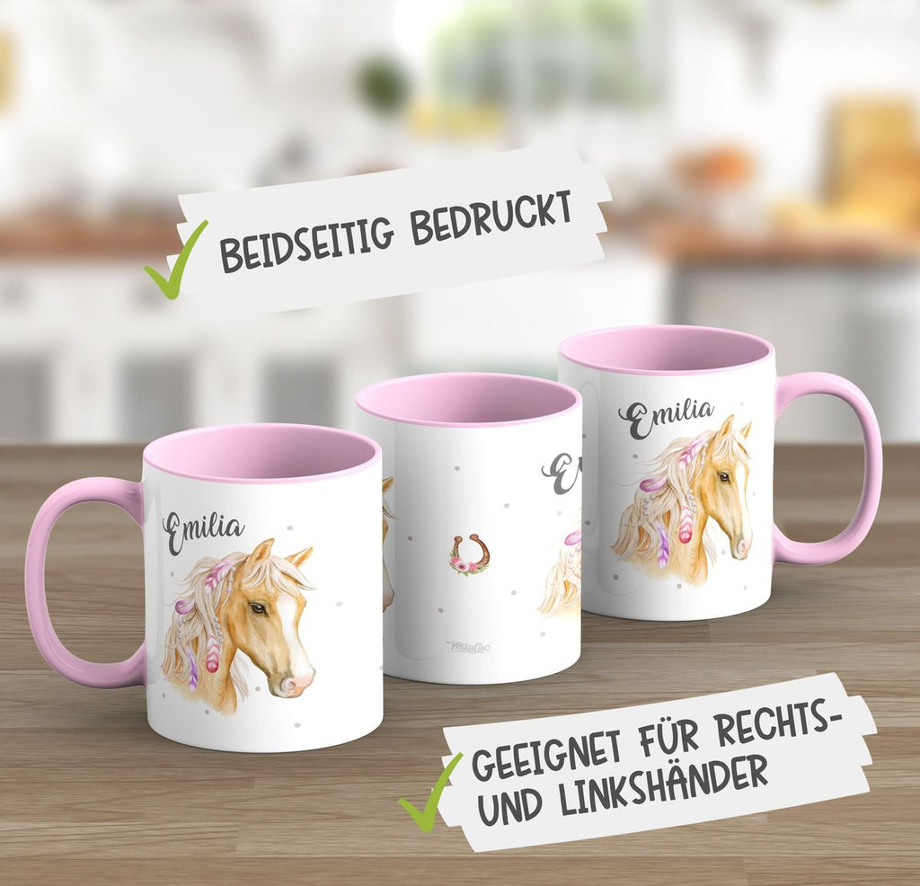 Keramik Tasse Pferd mit Federn in der Mähne und Wunschname - von Mikalino