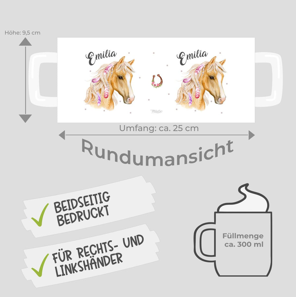 Keramik Tasse Pferd mit Federn in der Mähne und Wunschname - von Mikalino