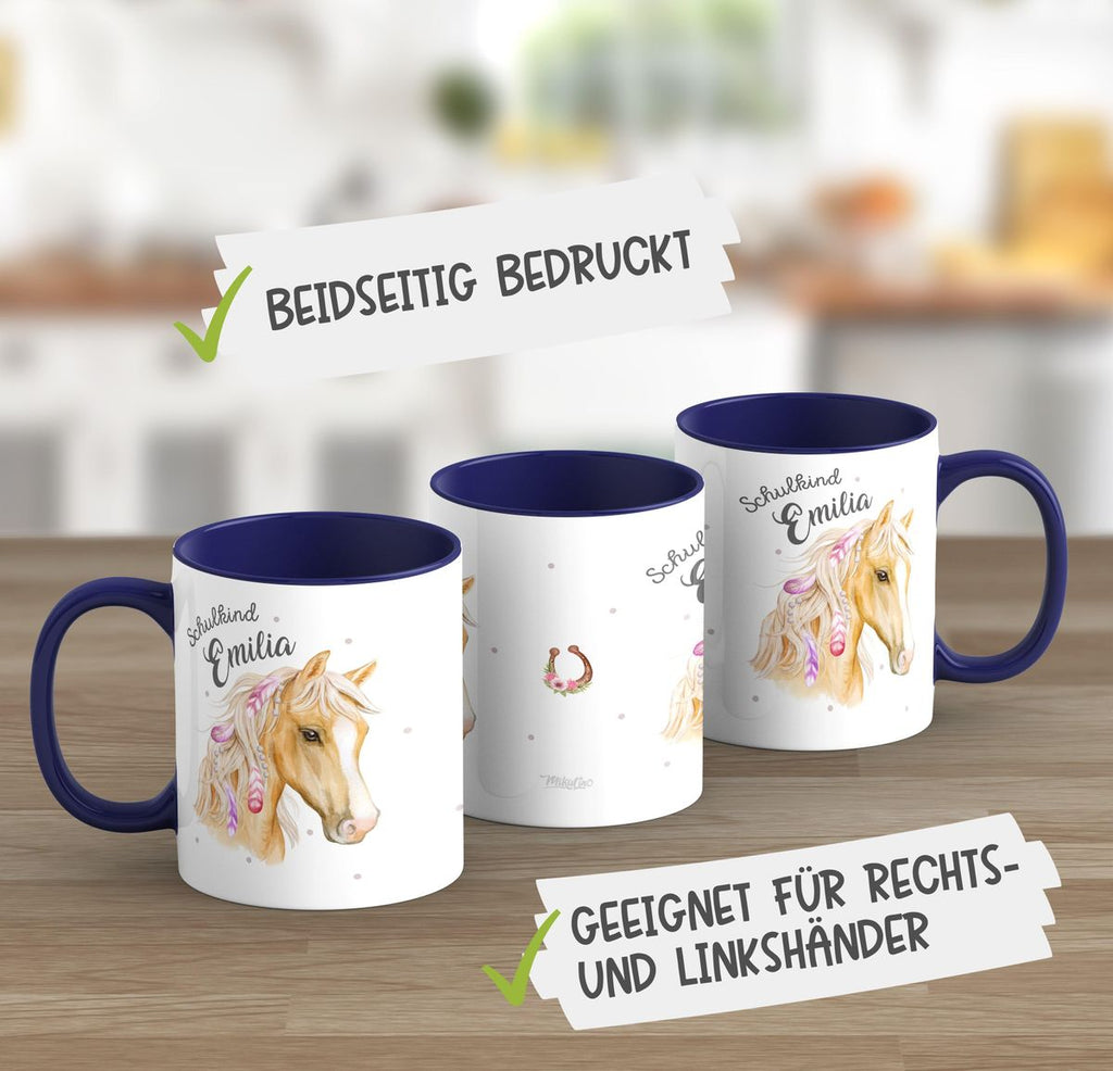 Keramik Tasse Schulkind Pferd mit Federn in der Mähne und Wunschname - von Mikalino