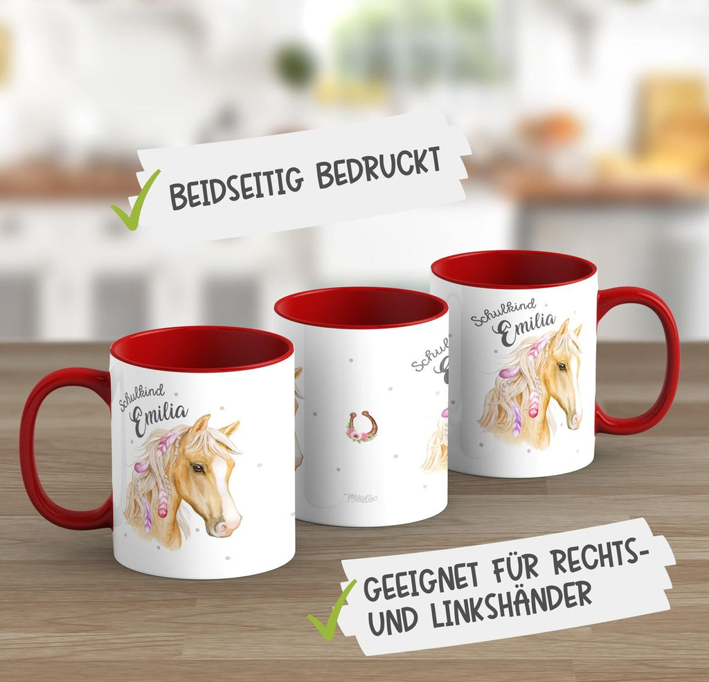 Keramik Tasse Schulkind Pferd mit Federn in der Mähne und Wunschname - von Mikalino