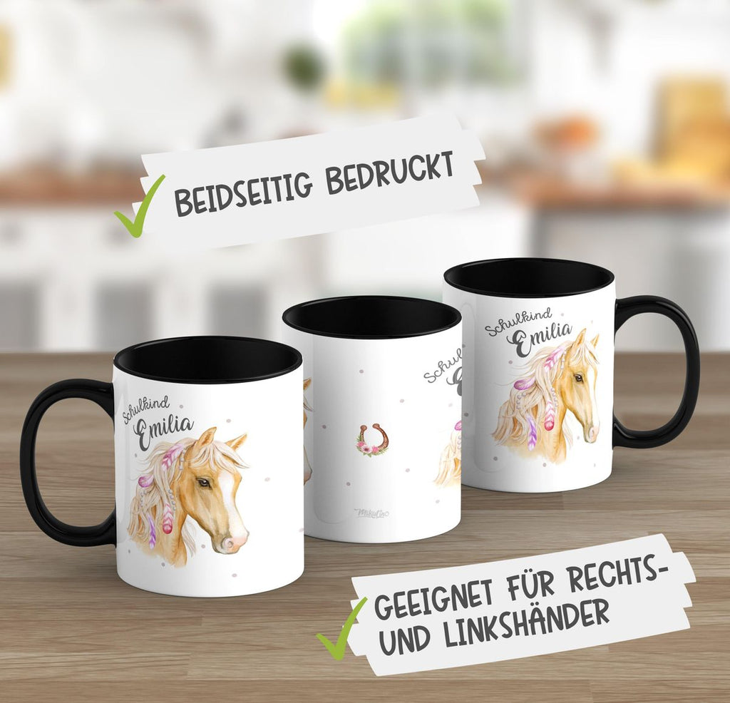 Keramik Tasse Schulkind Pferd mit Federn in der Mähne und Wunschname - von Mikalino