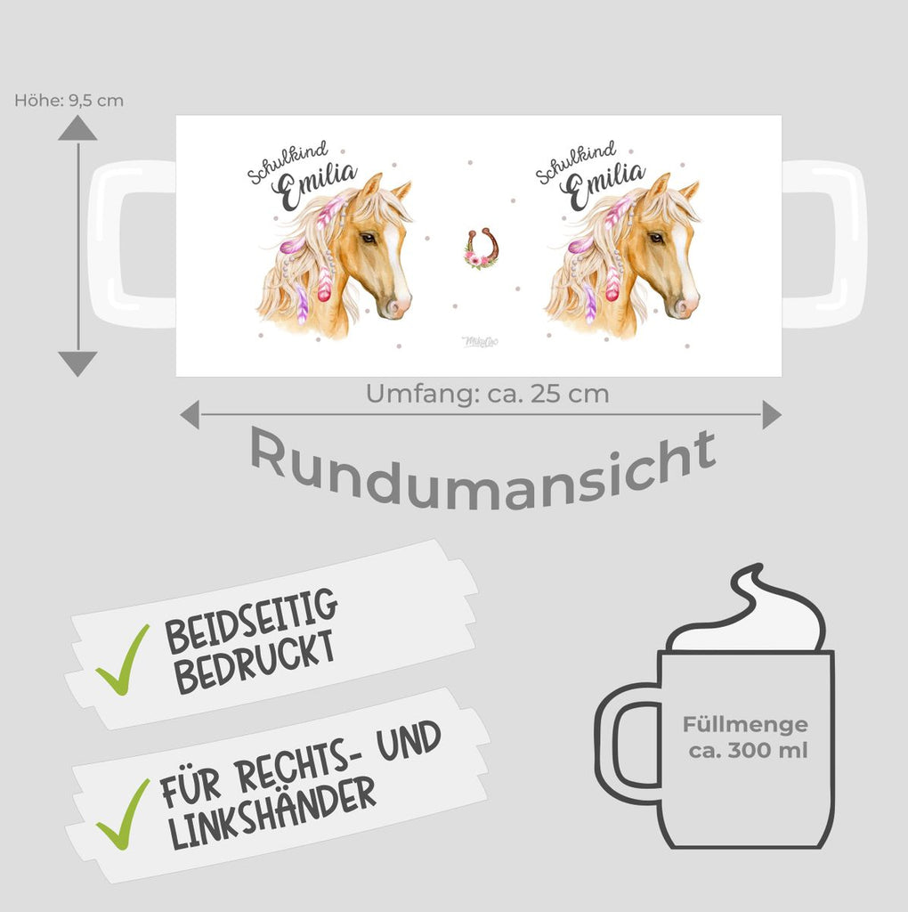 Keramik Tasse Schulkind Pferd mit Federn in der Mähne und Wunschname - von Mikalino