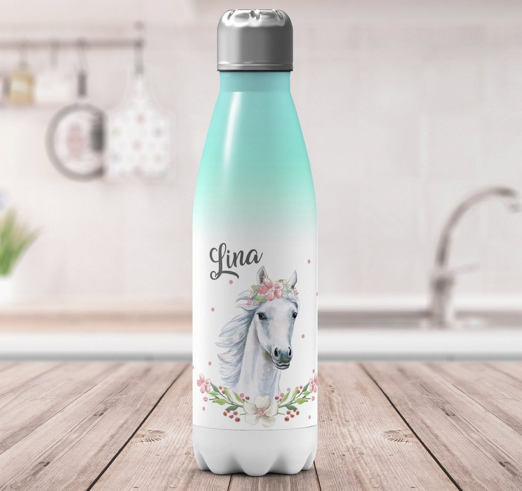 Thermo Trinkflasche Weißes Pferd mit Blumenranke und Wunschname - von Mikalino