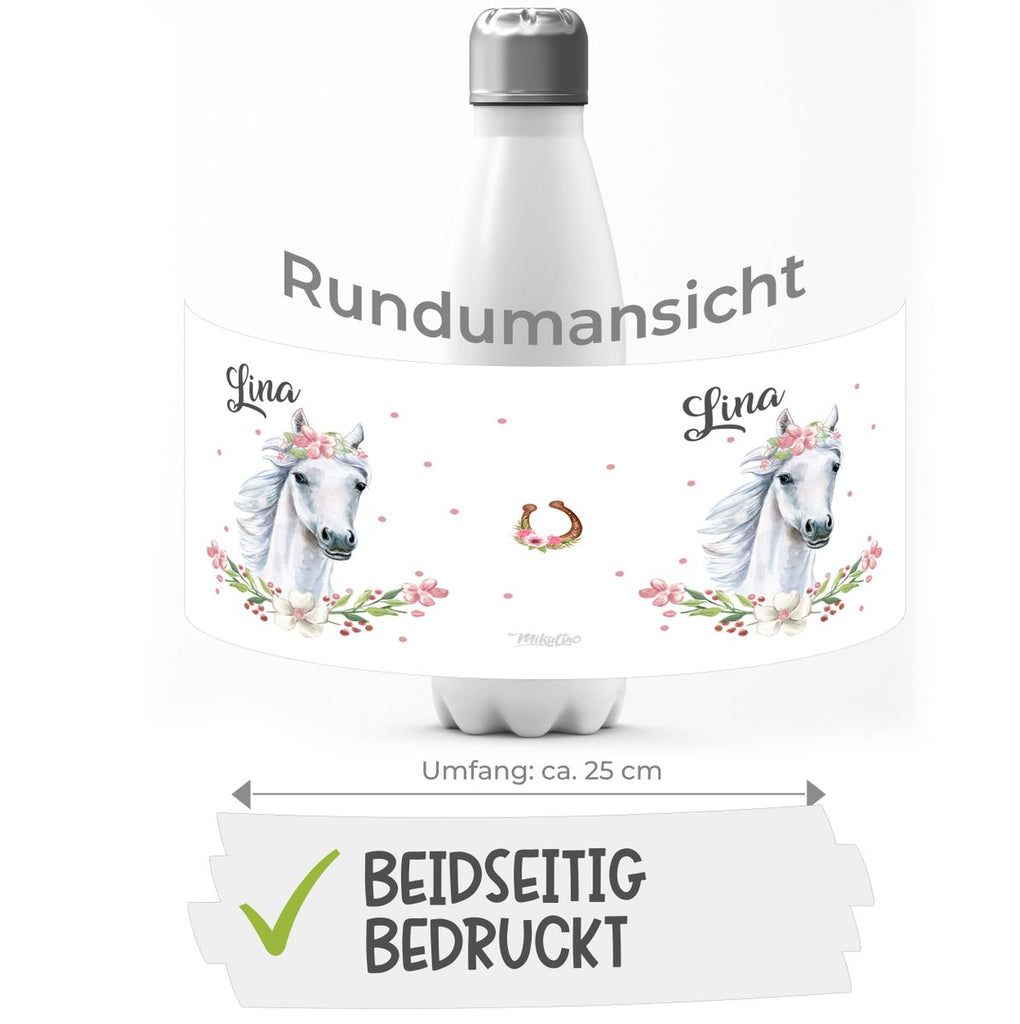 Thermo Trinkflasche Weißes Pferd mit Blumenranke und Wunschname - von Mikalino