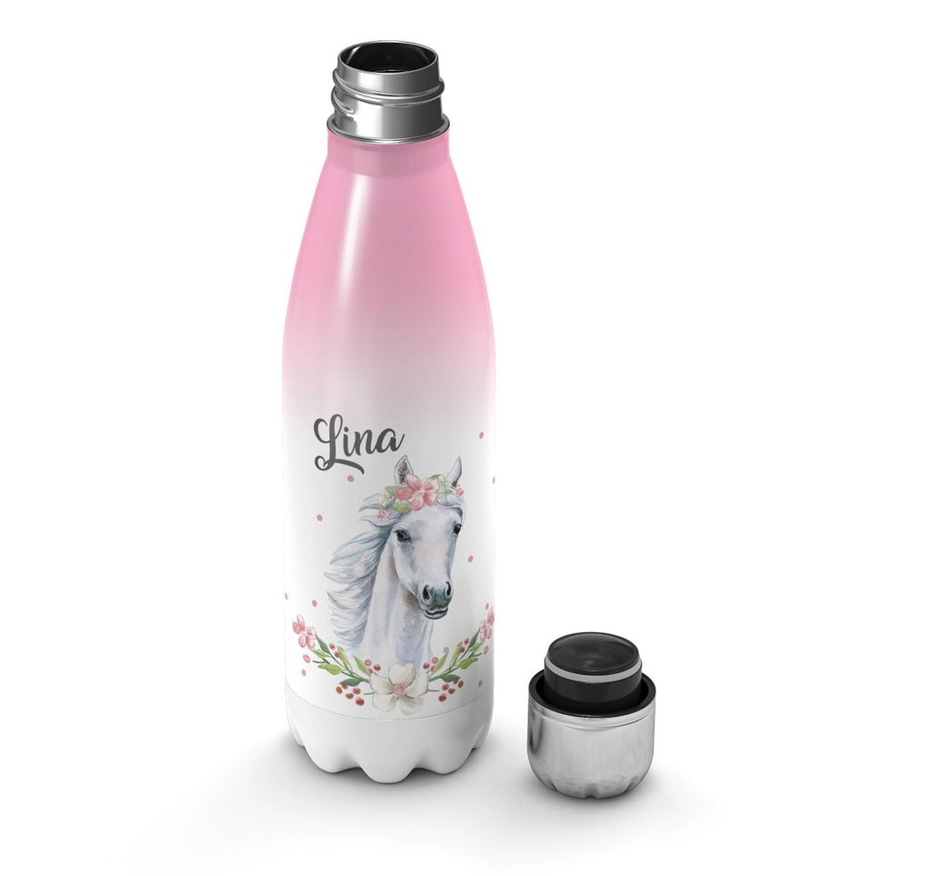 Thermo Trinkflasche Weißes Pferd mit Blumenranke und Wunschname - von Mikalino