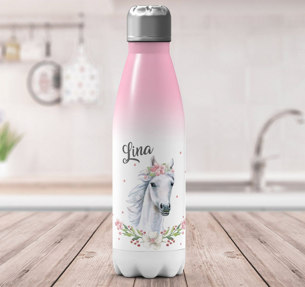 Thermo Trinkflasche Weißes Pferd mit Blumenranke und Wunschname - von Mikalino