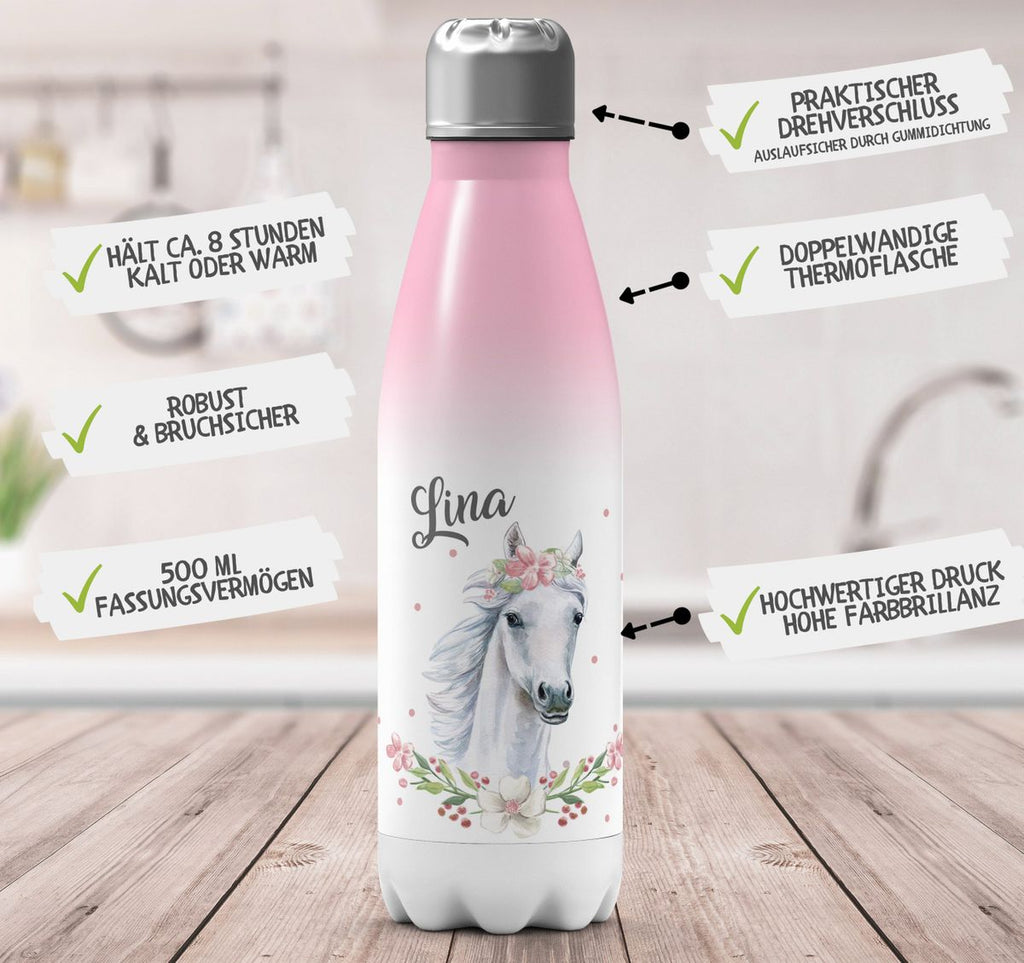 Thermo Trinkflasche Weißes Pferd mit Blumenranke und Wunschname - von Mikalino