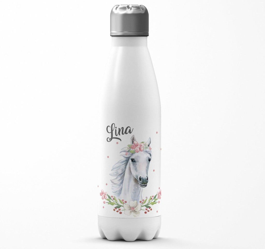 Thermo Trinkflasche Weißes Pferd mit Blumenranke und Wunschname - von Mikalino