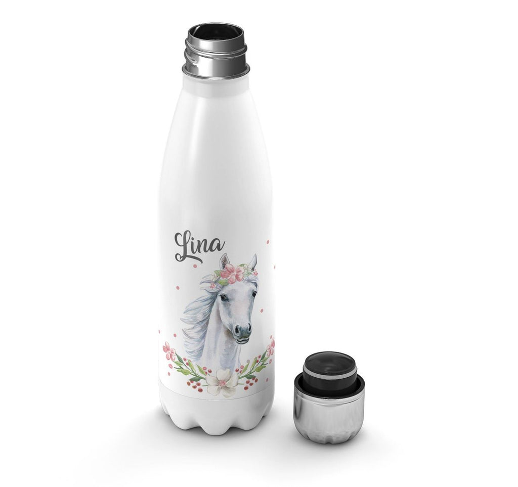 Thermo Trinkflasche Weißes Pferd mit Blumenranke und Wunschname - von Mikalino