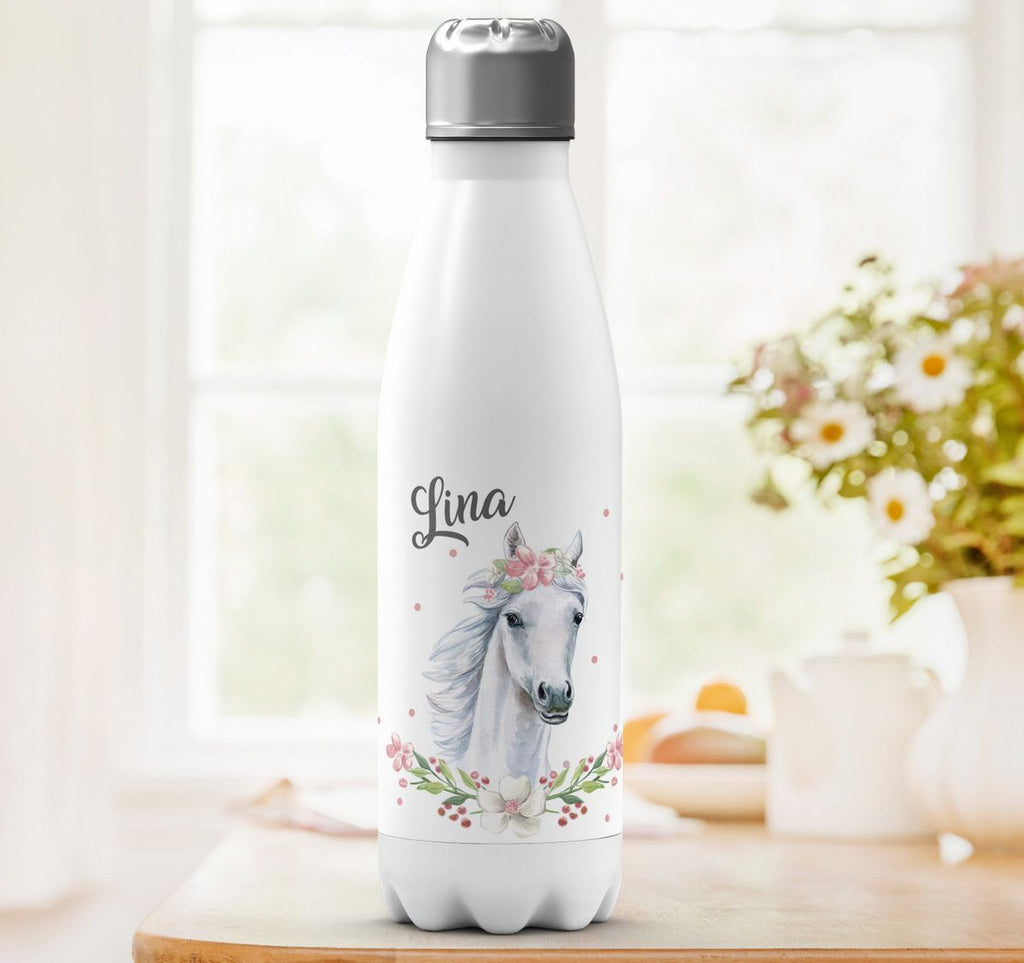 Thermo Trinkflasche Weißes Pferd mit Blumenranke und Wunschname - von Mikalino