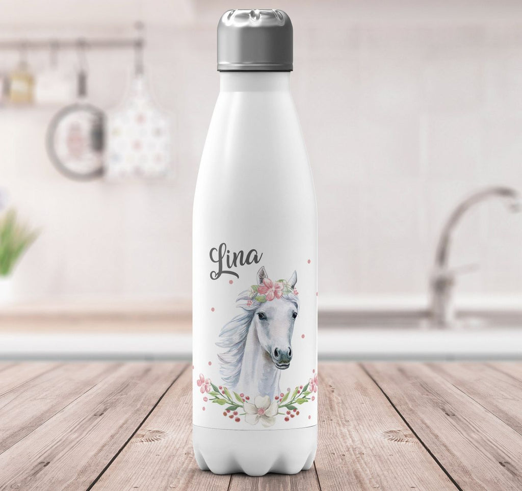 Thermo Trinkflasche Weißes Pferd mit Blumenranke und Wunschname - von Mikalino