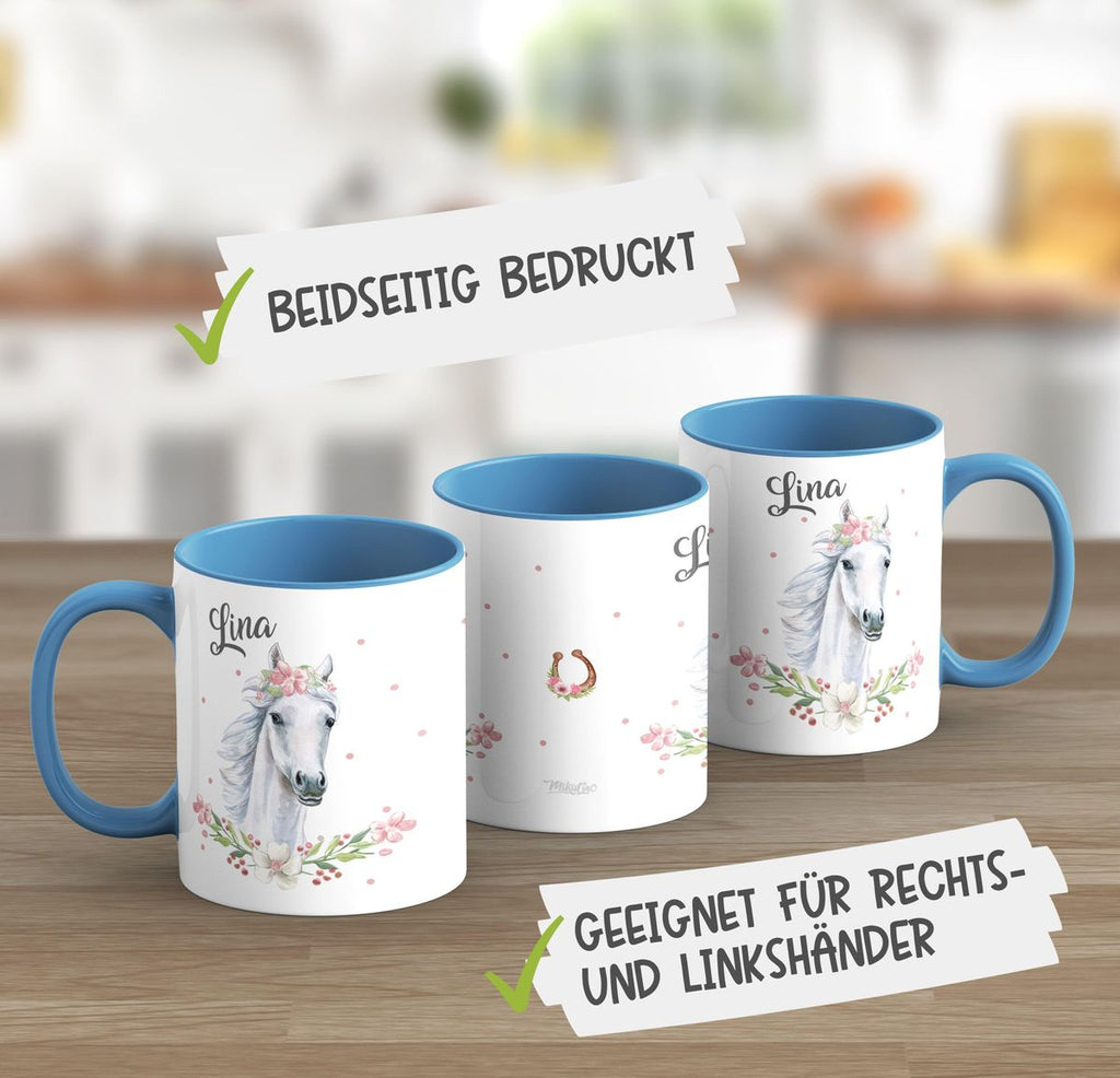 Keramik Tasse Weißes Pferd mit Blumenranke und Wunschname - von Mikalino