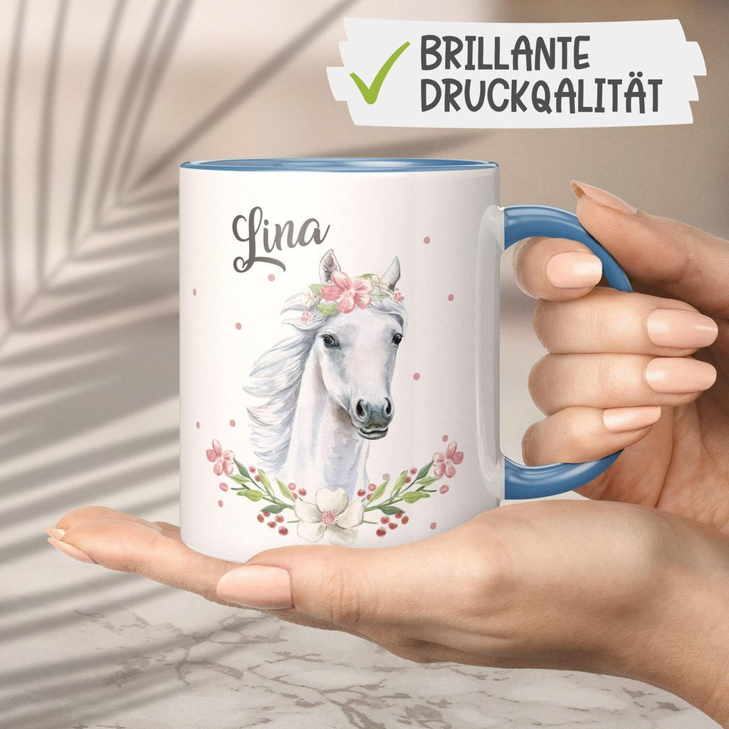 Keramik Tasse Weißes Pferd mit Blumenranke und Wunschname - von Mikalino