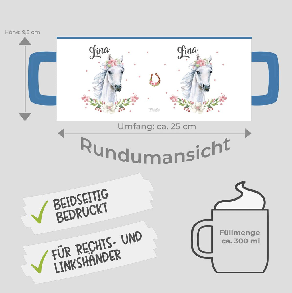 Keramik Tasse Weißes Pferd mit Blumenranke und Wunschname - von Mikalino