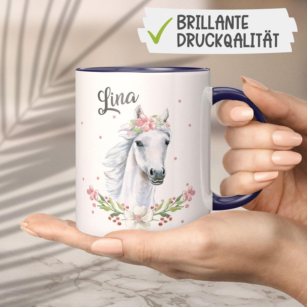 Keramik Tasse Weißes Pferd mit Blumenranke und Wunschname - von Mikalino