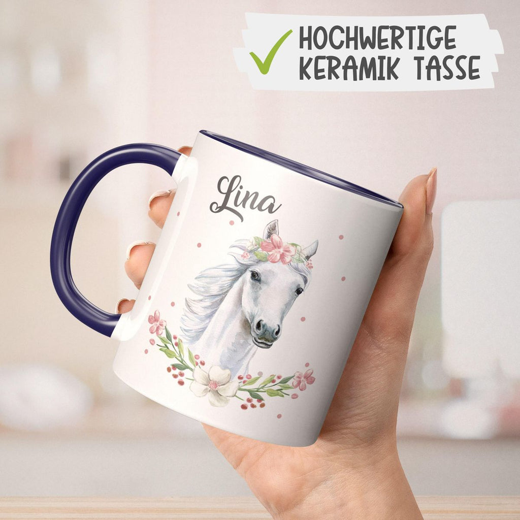 Keramik Tasse Weißes Pferd mit Blumenranke und Wunschname - von Mikalino