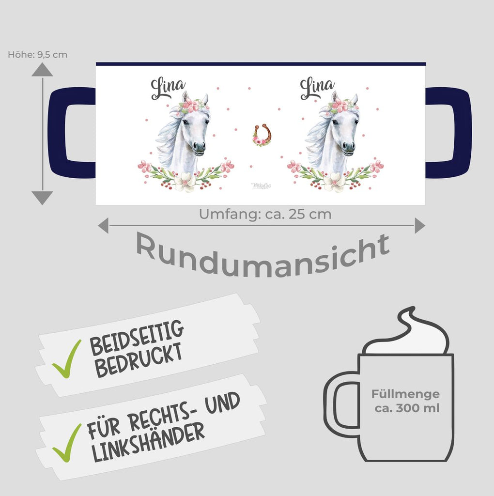 Keramik Tasse Weißes Pferd mit Blumenranke und Wunschname - von Mikalino