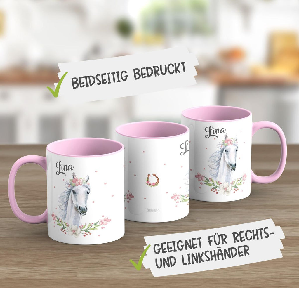 Keramik Tasse Weißes Pferd mit Blumenranke und Wunschname - von Mikalino