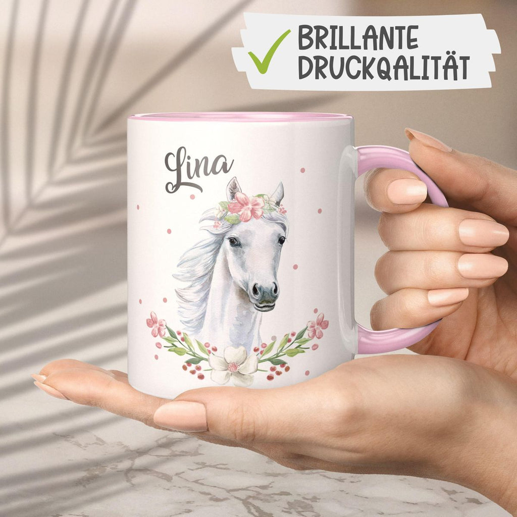 Keramik Tasse Weißes Pferd mit Blumenranke und Wunschname - von Mikalino