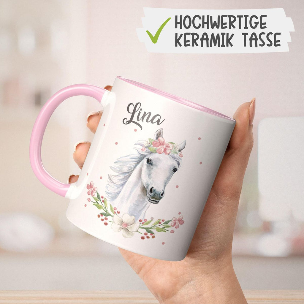 Keramik Tasse Weißes Pferd mit Blumenranke und Wunschname - von Mikalino