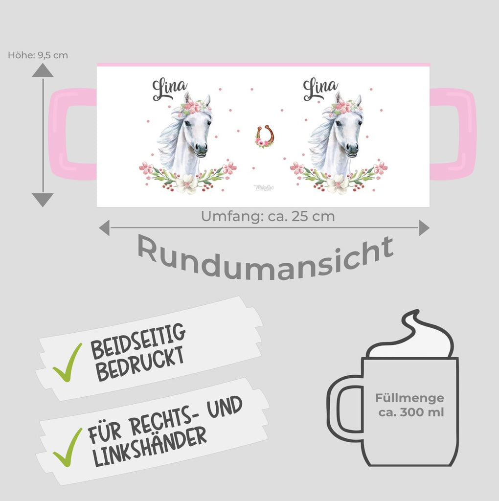 Keramik Tasse Weißes Pferd mit Blumenranke und Wunschname - von Mikalino